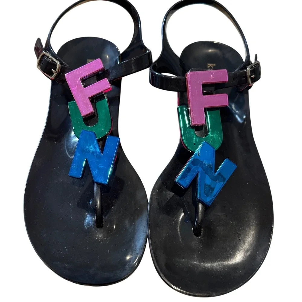 Kate Spade Women's FUN Letter Charms Fennix Black‎ Jelly Sandals 6 M